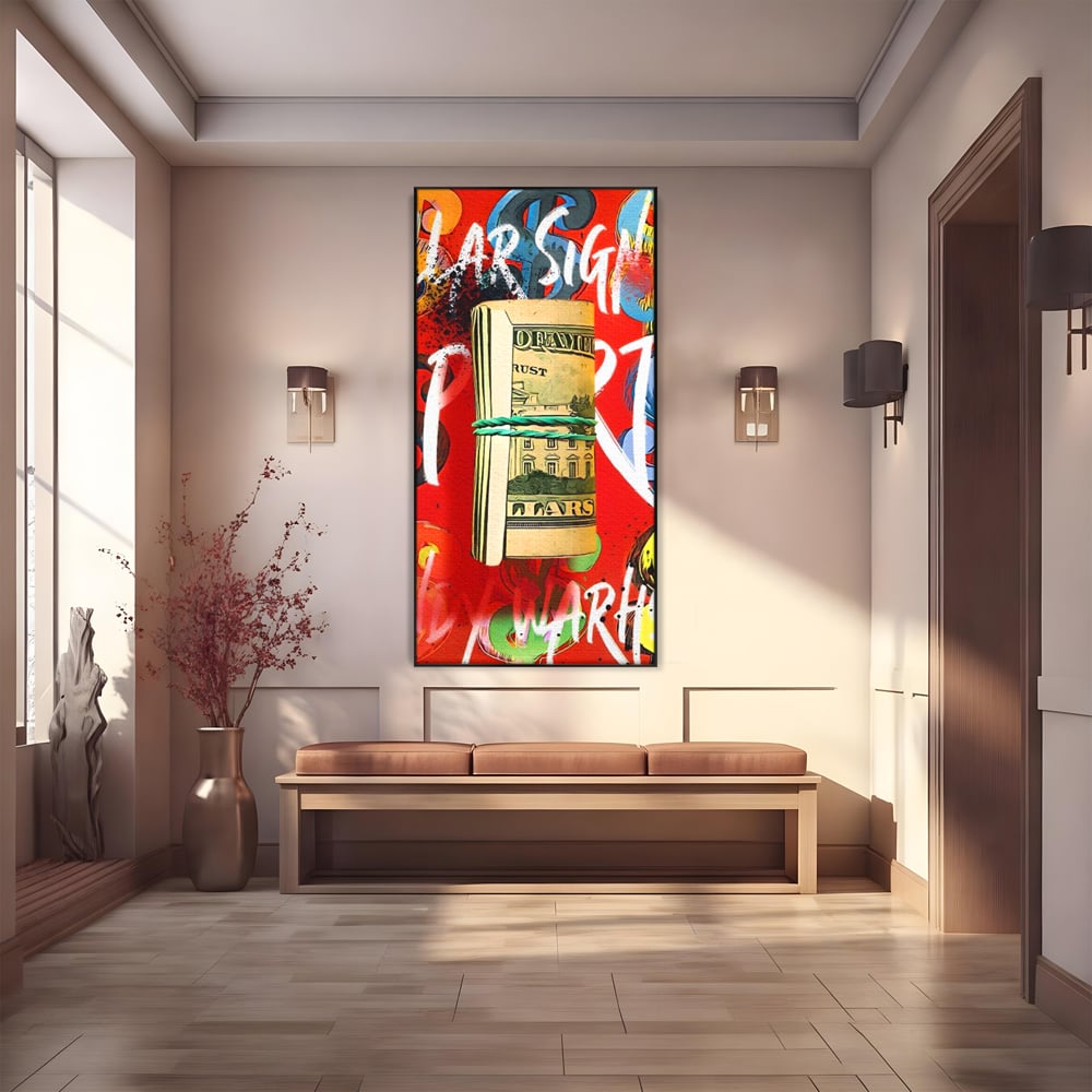 Tablou canvas cu tablou canvas cu teanc de dolari, in rama de aluminiu negru